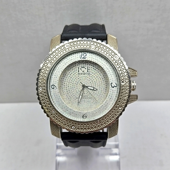 Mens Ice Nation SF-1030 Faux Diamond Dial Watch Silver Tone New Battery - Picture 1 of 9